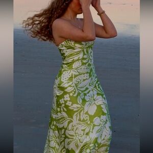 Green and White Floral Strapless Dress